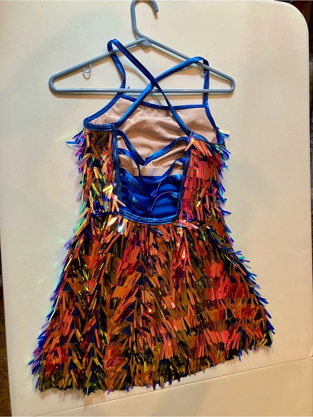 Weissman Iridescent Sequin Fringe Dance Costume Dress Blue Leotard AS